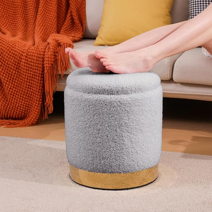 Round Ottoman with Storage Set of 2 Vanity Stool, Footstool with Removable Lid Small Ottoman Stool Small for Living Room, Bedroom, Hallway, Dorm, Assembly Free Teddy Fleece (Sherpa Gray)