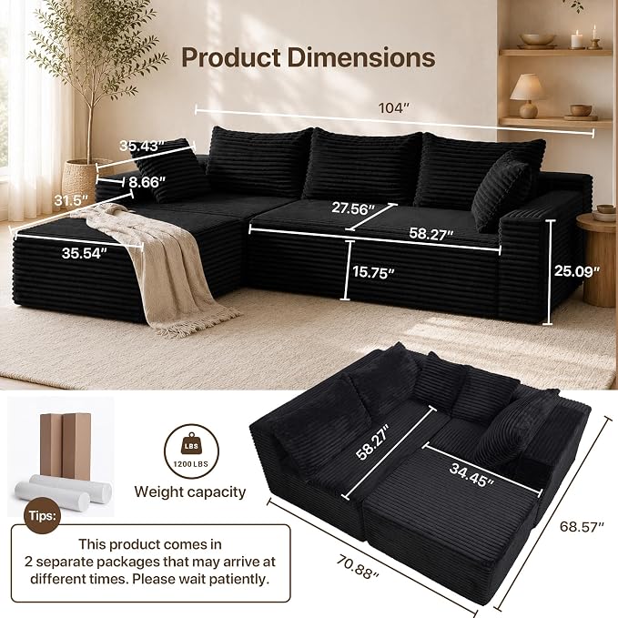 Claiks 104" Boneless Couch, Cloud Couch Sectional, L-Shape Corduroy Modular Sectional Sofa Deep Seat, Upholstered Couches for Living Room, No Assembly Required, Black