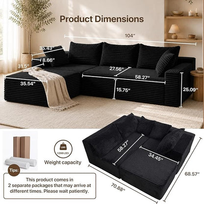 Claiks 104" Boneless Couch, Cloud Couch Sectional, L-Shape Corduroy Modular Sectional Sofa Deep Seat, Upholstered Couches for Living Room, No Assembly Required, Black