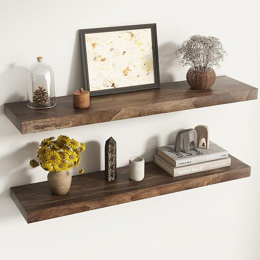 Floating Shelves for Wall Decor, 8" Deep Solid Elm Wood Floating Shelves Wall Mounted, Rustic Wall Shelves with Invisible Bracket for Living Room Bathroom Bedroom Kitchen, 36 Inch Set of 2, Walnut