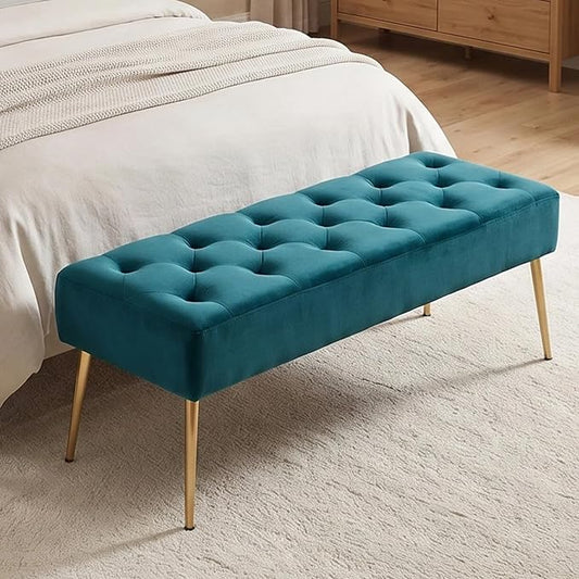 DUHOME Modern Velvet Bench Ottoman, Upholstered Bedroom Benches Footrest Stool Button-Tufted Table Bench Dining Bench with Gold Metal Base for Entryway Dining Room Living Room Bedroom, Atrovirens