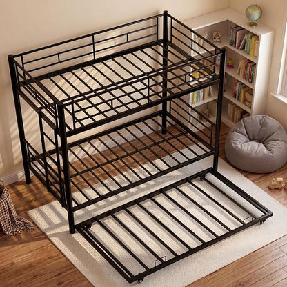 Bunk Bed with Trundle, Metal Twin Bunk Beds with Guardrail and Ladder for Kids/Teenagers/Adults, Space-Saving Bunk Bed Can be Split Into 3 Beds, No Box Spring Needed(Black, with Trundle)