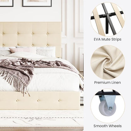 SHA CERLIN Upholstered Queen Size Platform Bed Frame with 4 Storage Drawers, Adjustable Headboard with Square Stitched Button Tufted Design, Wooden Slat Support, No Box Spring Needed, Beige
