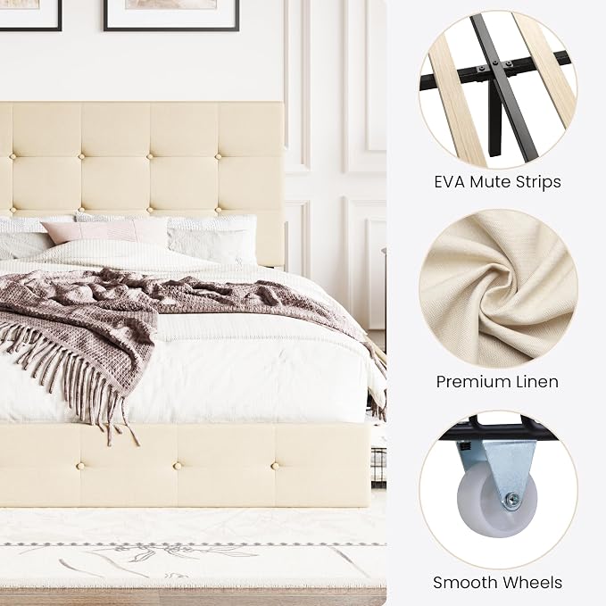 SHA CERLIN Upholstered Full Size Platform Bed Frame with 4 Storage Drawers, Adjustable Headboard with Square Stitched Button Tufted Design, Wooden Slat Support, No Box Spring Needed, Beige
