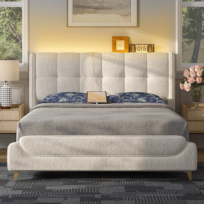 Novilla Full Size Bed Frame with Charging Station & LED Lights, Upholstered French Luxury Platform Bed with Wingback Headboard, Lamb Wool Fabric, No Box Spring Needed, Easy Assembly, Cream White