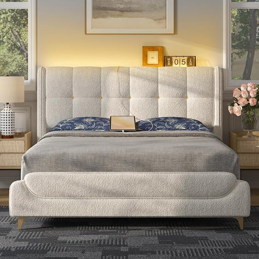 Novilla Full Size Bed Frame with Charging Station & LED Lights, Upholstered French Luxury Platform Bed with Wingback Headboard, Lamb Wool Fabric, No Box Spring Needed, Easy Assembly, Cream White