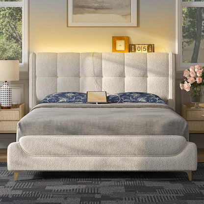 Novilla Queen Bed Frame with Charging Station & LED Lights, Upholstered French Luxury Platform Bed with Wingback Headboard, Lamb Wool Fabric, No Box Spring Needed, Easy Assembly, Cream White