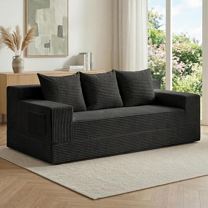 cidludto Convertible Sofa Bed, 78" Oversized Boneless Loveseat Couch 2 in 1 Foldable Futn Bed Couch in A Box, Folding Sofa Chair for Living Room, No Assembly Required, Black