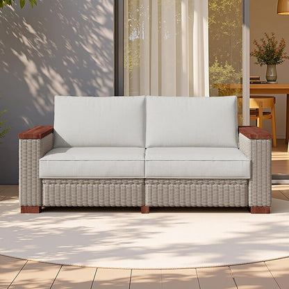 PaPaJet Outdoor Loveseat Patio Sofa, Wicker Couch with Solid Armrests & Legs, 4.7" Thick Cushion, UV-Resistant Modular Sofa for Porch, Backyard, Garden