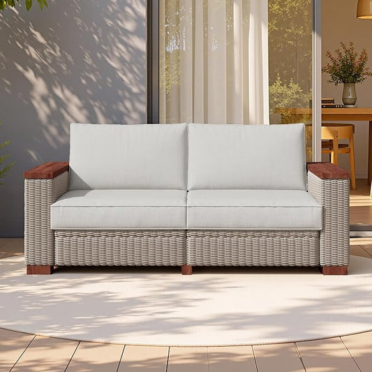 PaPaJet Outdoor Loveseat Patio Sofa, Wicker Couch with Solid Armrests & Legs, 4.7" Thick Cushion, UV-Resistant Modular Sofa for Porch, Backyard, Garden