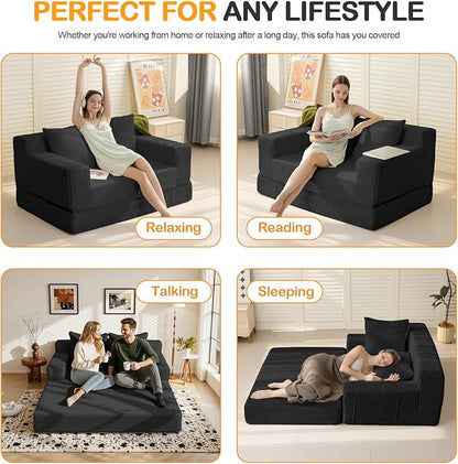 Erament Loveseat Boneless Convertible Sofa Bed, Folding Floor Futon Sleeper Sofa Couch Bed- Boneless Foldable Couch, Corduroy Pull Out Sofa Bed with 2 Pillows for Living Room & Bedroom