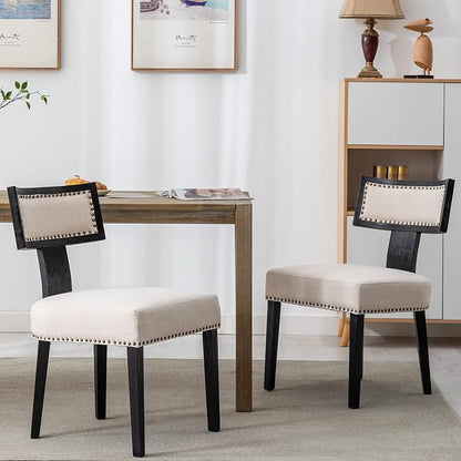 RIVOVA Mid Century Modern Dining Chairs Set of 2 Linen Fabric Upholstered Kitchen Side Chairs with Nailhead Trim, Modern Kitchen Armless Solid Wood Dining Chairs, Beige