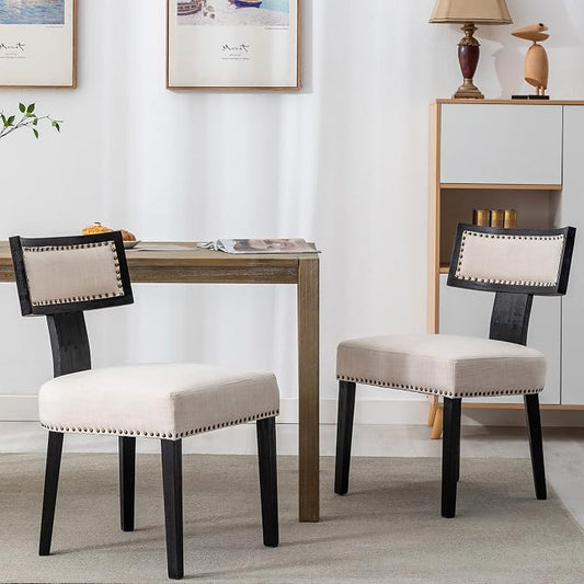 RIVOVA Mid Century Modern Dining Chairs Set of 2 Linen Fabric Upholstered Kitchen Side Chairs with Nailhead Trim, Modern Kitchen Armless Solid Wood Dining Chairs, Beige