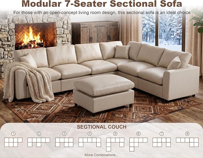 Oversized Faux Leather Modular Sectional Sofa for Living Room | with Ottoman, Extra Deep Seat, Pet-Friendly, Easy to Clean, Large 7 Seater U Shaped Cloud Couch, Beige
