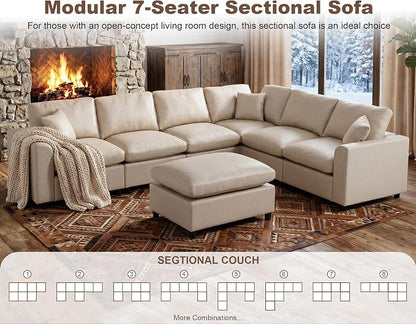 Oversized Faux Leather Modular Sectional Sofa for Living Room | with Ottoman, Extra Deep Seat, Pet-Friendly, Easy to Clean, Large 7 Seater U Shaped Cloud Couch, Beige