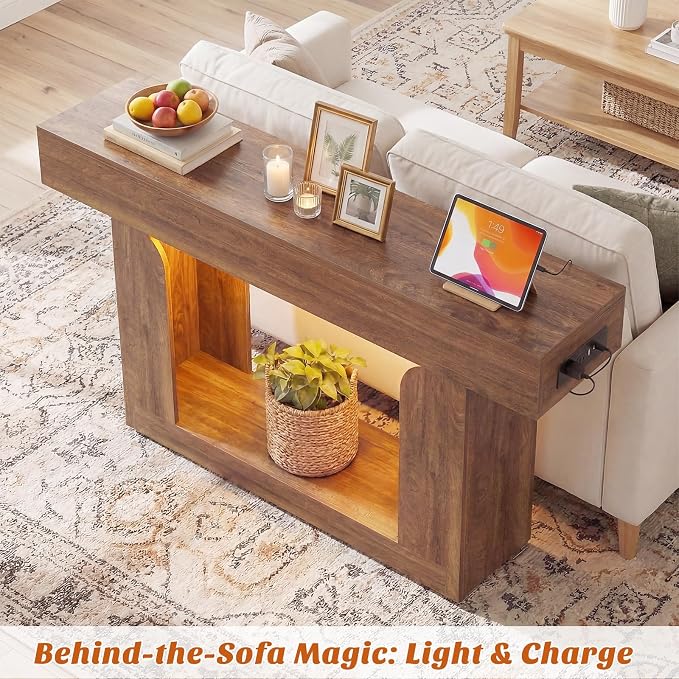 Homieasy Console Table, 47" Entryway Table with LED Lights & Charging Station, Farmhouse Wooden Sofa Table Behind Couch, Narrow Hallway Table for Living Room, Foyer, Entry, Rustic Oak