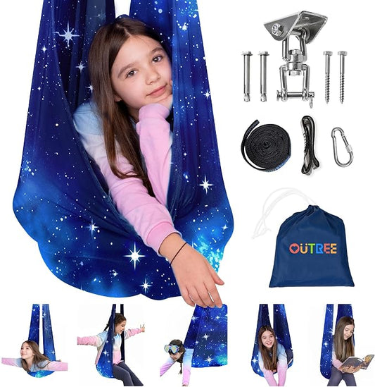 OUTREE Sensory Swing for Kids with 360° Swivel Hanger, Indoor Therapy Swing Great for Autism, ADHD, Sensory Processing Disorder, and Autistic Children (Blue Star)