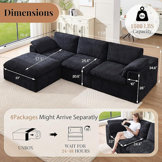 Jocisland 120" Cloud Modular Sectional Sofa, No-Assembly Oversized Chenille Couch with 76.4" Extra-Deep Chaise, Modern Black Cloud Couch for Living Room