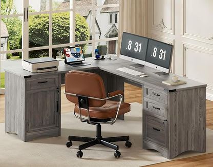 Decofy Farmhouse L Shaped Standing Desk with Storage Drawers, 67'' Corner Office Desk with File Cabinet & Charging Station, Wood Writing Computer Desk for Home Office, Study Room, Grey