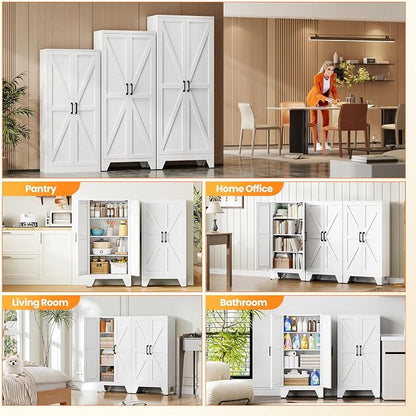 47.3" White Storage Cabinet with 2 Doors and 3 Adjustable Shelves, Metal Tall Kitchen Pantry cabinets, Modern Food Pantry Cabinet,4 Tier Freestanding Framed Panel Door Cupboard for Kitchen Dining Room
