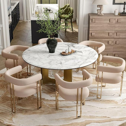 Hyfirm Velvet Dining Chairs Set of 6, Khaki Upholstered Barrel Armchairs with Gold Metal Legs for Kitchen Island, Mid Century Modern Accent Side Chairs for Dining Room and Living Room, Open-Back
