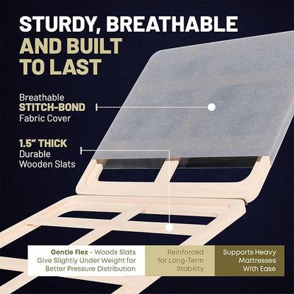 1.5" Split Wood Bunkie Board Twin Size Bed, Under Mattress Support, Fully Assembled, Fabric Ventilation Cover-Replaces Wooden Slats or Box Spring for Bed Frames
