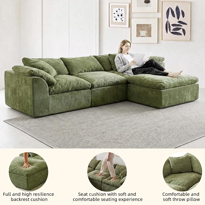 110" Boneless Cloud Couch Sectional for Living Room, Oversized Modular L Shaped Sofa with Ottoman, Deep Seat Chenille Sectional Couch for Cloud-Like Comfort (OliveGreen)