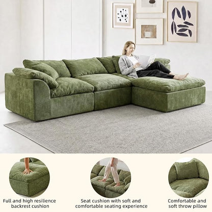 110" Boneless Cloud Couch Sectional for Living Room, Oversized Modular L Shaped Sofa with Ottoman, Deep Seat Chenille Sectional Couch for Cloud-Like Comfort (OliveGreen)