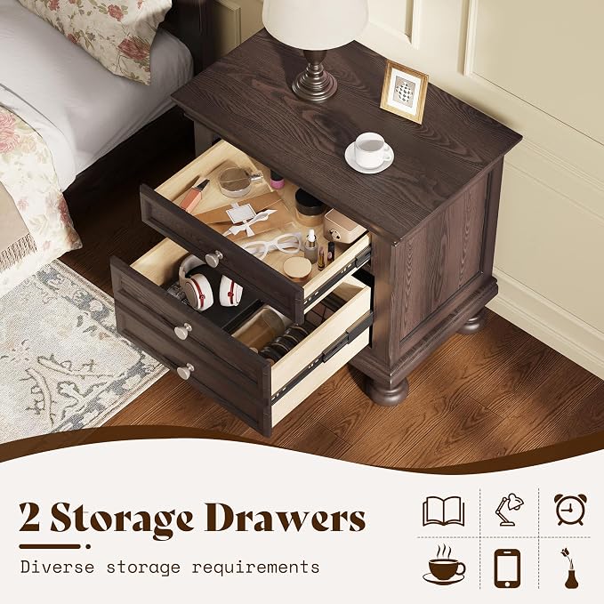 AMERLIFE Solid Wood 3 Piece Bedroom Set Including 65.2" High King Bed Frame, Fully Assembled Nightstands Set of 2 with 2 Storage Drawers for Bedroom, Dark Brown