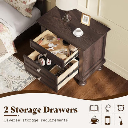 AMERLIFE Solid Wood 3 Piece Bedroom Set Including 65.2" High King Bed Frame, Fully Assembled Nightstands Set of 2 with 2 Storage Drawers for Bedroom, Dark Brown