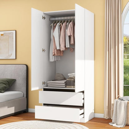 White Wardrobe Closet with Doors: 75" Large Capacity Bedroom Armoire, Wooden Cabinet with 2 Drawers, Hanging Storage Shelves with Hanging Rod (Contemporary, 1)