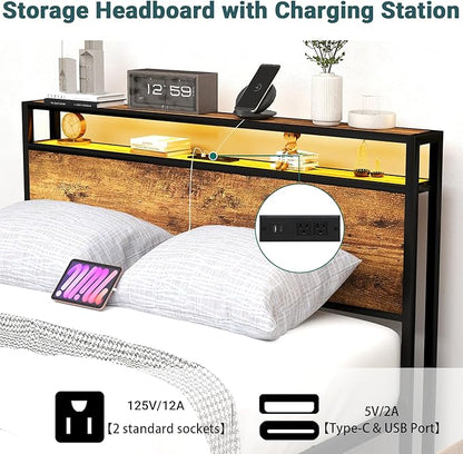Zevemomo Queen Bed Frame with 8 Storage Drawers, Queen Metal Bed Frame with LED Light and Charging Station, Heavy Duty Metal Slats, No Box Spring Needed, Rustic Brown