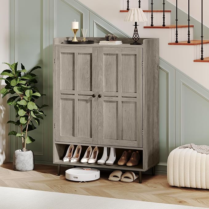Shoe Storage Cabinet with 2 Doors, 6-Tier Shoe Cabinet with 3 Adjustable Shelves and Metal Legs, 45'' Tall Shoe Rack Organizer Cabinet for Entryway, Front Door, Gray Wash