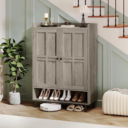 Shoe Storage Cabinet with 2 Doors, 6-Tier Shoe Cabinet with 3 Adjustable Shelves and Metal Legs, 45'' Tall Shoe Rack Organizer Cabinet for Entryway, Front Door, Gray Wash