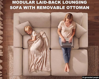 100" Faux Leather Modular Sectional Sofa for Living Room, Oversized 3 Seater L Shaped Cloud Couch with Ottoman, Extra Large Deep Seat, Pet-Friendly, Easy to Clean, Beige