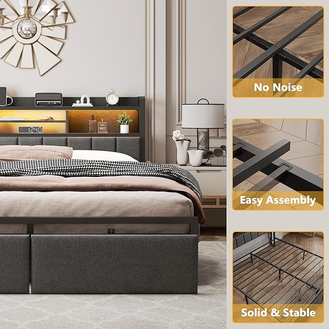 Furnulem Queen Bed Frame with Storage Drawers, Upholstered Headboard with LED Light & Charging Station, Metal Platform Bed Frame Queen Size, Noise Free, No Box Spring Needed, Black (1200 lbs Capacity)