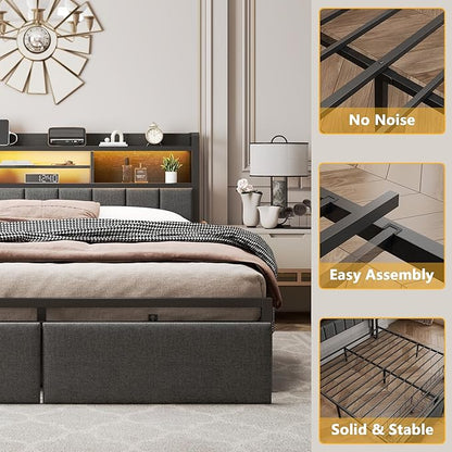 Furnulem Queen Bed Frame with Storage Drawers, Upholstered Headboard with LED Light & Charging Station, Metal Platform Bed Frame Queen Size, Noise Free, No Box Spring Needed, Black (1200 lbs Capacity)