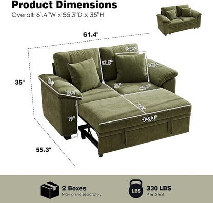 Ihanherry 61" Loveseat Sleeper Sofa, 2-in-1 Pull Out Couch Bed with 2 Pillows, Chenille Convertible Sofa Bed, Small Space Sleeper Couch for Living Room Apartment (Green)