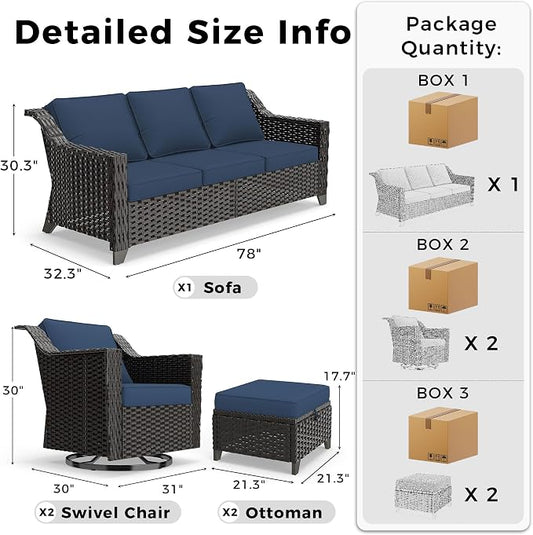6 Pieces Patio Conversation Furniture Set - 2 Sofas, 2 Swivel Chairs, 2 Ottomansm, Outdoor Wicker Furniture with Removable Cushions for Porch, Balcony, Sunroom (Blue)