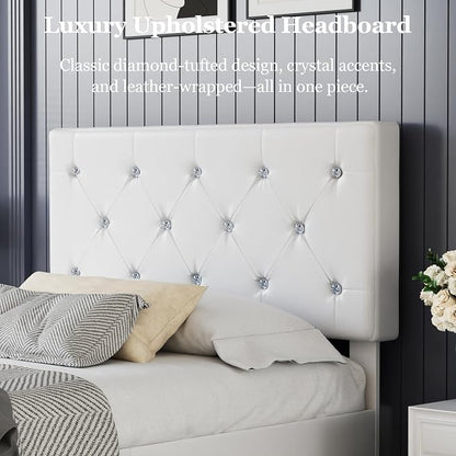 VECELO Twin Size Bed Frame with Storage Drawers, Leather Upholstered with Diamond Tufted Headboard, Solid Wood Slat Support, No Box Spring Needed, PU & White