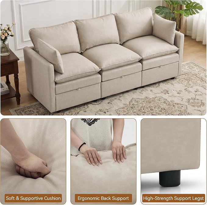 80" Beige Faux Leather Storage 3 Seater Sofa, Modular Sectional Cloud Sofa | Modern Deep Seat Cloud Upholstered Sofa with Armrest, Convertible 3 Seater Comfy Sofa for Living Room, Bedroom, Small spaces