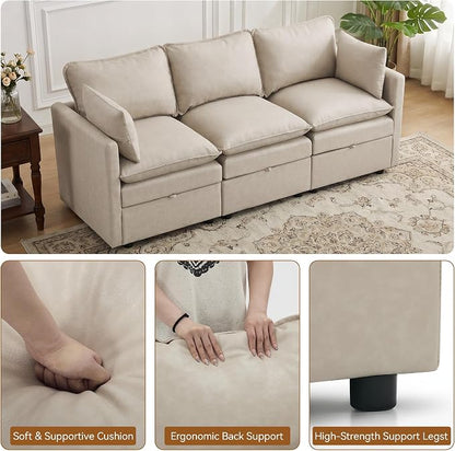 80" Beige Faux Leather Storage 3 Seater Sofa, Modular Sectional Cloud Sofa | Modern Deep Seat Cloud Upholstered Sofa with Armrest, Convertible 3 Seater Comfy Sofa for Living Room, Bedroom, Small spaces