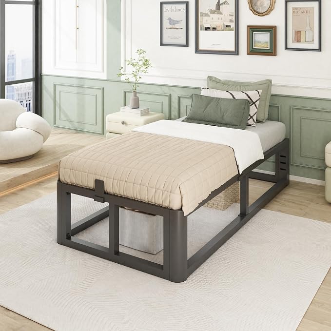 Bilily Metal Heavy Duty 14 inch Twin XL Bed Frame with Rounded Corner and Headboard Hole Mattress Retainers 3500 LBS No Box Spring Needed Platform Noise Free Easy Assembly
