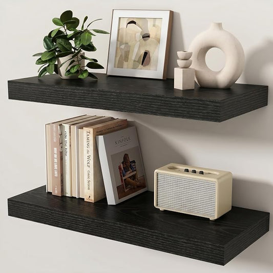 Floating Shelves for Wall, 24 Inch x 8 Inch Deep Wall Mounted Wood Shelf with Invisible Brackets for Storage & Display, Living Room Bedroom Kitchen, Black, Set of 2