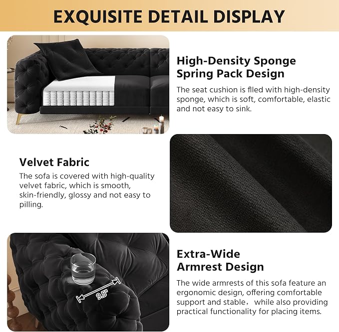 97.7'' Pull Out Sofa Bed King, Chesterfield Velvet Sleeper Sofa, Convertible L-Shaped Futon Couch, Tufted Back, Ottoman, Deep Seat Loveseat Couches for Living Room, Apartment, Black
