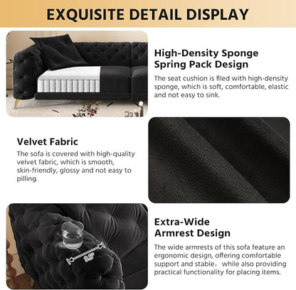 97.7'' Pull Out Sofa Bed King, Chesterfield Velvet Sleeper Sofa, Convertible L-Shaped Futon Couch, Tufted Back, Ottoman, Deep Seat Loveseat Couches for Living Room, Apartment, Black