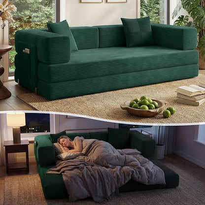 78.8" Convertible Sofa Bed with Armrest Pillow, 4-in-1 Sleeper Couch Bed for Livingroom, Modular Corduroy Boneless couches, No Assembly (Forest Green)
