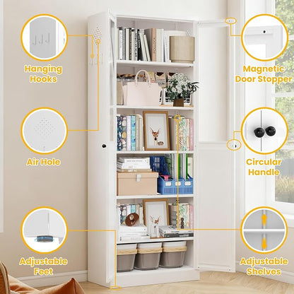 Pantry Cabinet with Glass Doors, 72” Kitchen Storage Cabinets with 5 Adjustable Shelves, Kitchen Pantry Cabinet with Ventilation Holes and Hooks for Home, Living Room, Pantry (White)