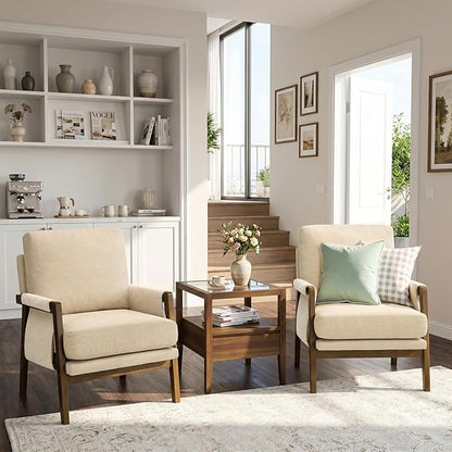 RNKSFX Beige Accent Chair for Bedroom & Living Room, Mid Century Modern Accent Arm Chair, Upholstered Anthropologie Accent Chair with Solid Wood Frame, Fabric
