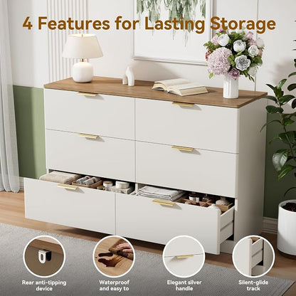 3 Pieces of Dresser and Nightstand Set,47.2" Width 6-Drawer Dresser & 3-Drawer Nightstands Set of 2 w/Gold Metal Handle, Modern Design for Bedroom,White & Brown